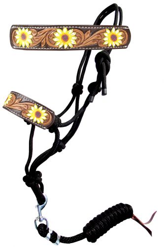 Showman Hand Painted Sunflower rope halter with leather nose